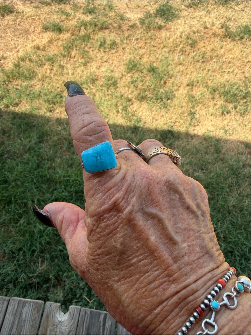 Sterling Turquoise stamped native made Square Statement Ring Sz 10